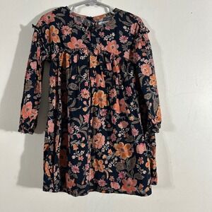 Old Navy Floral Long Sleeve Dress Kids 4T Navy Blue Boho Ruffle Shoulder